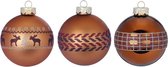 Set van 3 - Gedecoreerde Winter Toffee Kerstballen - warm bruin - 8 cm