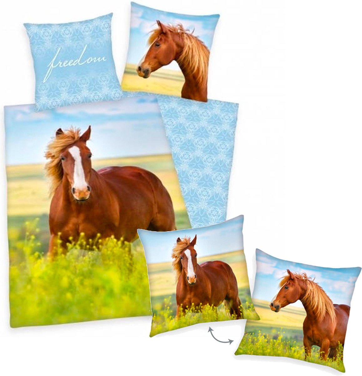 Dekbedovertrek Paard, 140 x 200 cm, Paard in bloemenwei , Dekbed eenpersoons - incl. sierkussen bruin paard 40x40 cm