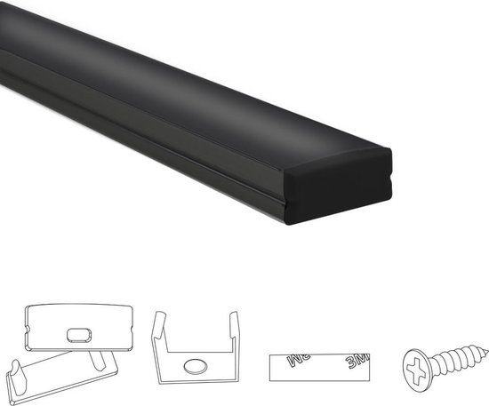 Aluminium led strip profiel zwart opbouw 3M - breed en laag - compleet met afdekkap