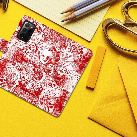Coque Téléphone Samsung Galaxy Note20 Ultra Housse en Cuir Premium Flip Case Portefeuille Etui pour Ange Crâne Rouge