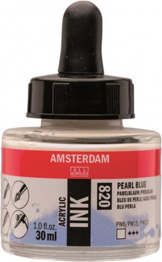 Amsterdam Acrylic Ink 30ml, Parelblauw 820. Flesje met pipet, rode en witte etiket met tekst.