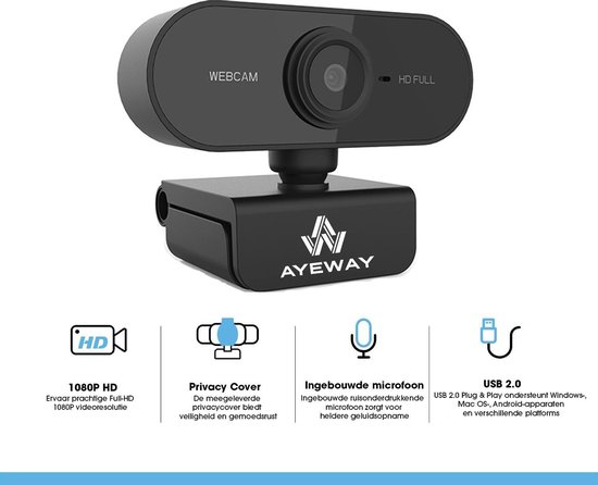 AyeWay Full HD Webcam - Incl. Privacy Cover - Webcam voor PC - Werk & Thuis  - Windows... | bol.com