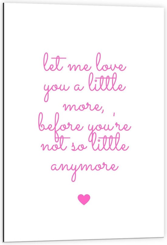 Dibond - Tekst: ''Let Me Love You A Little More, Before You Are Not So Little Anymore'' Roze/wit - 60x90cm Foto op Aluminium (Met Ophangsysteem)
