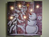 Assiette murale en bois avec éclairage LED - Peinture de Noël - Bonhomme de neige près du sapin de Noël - 6 x LED - 40 x 40 x 2,2 cm - B / O - Décoration de Noël