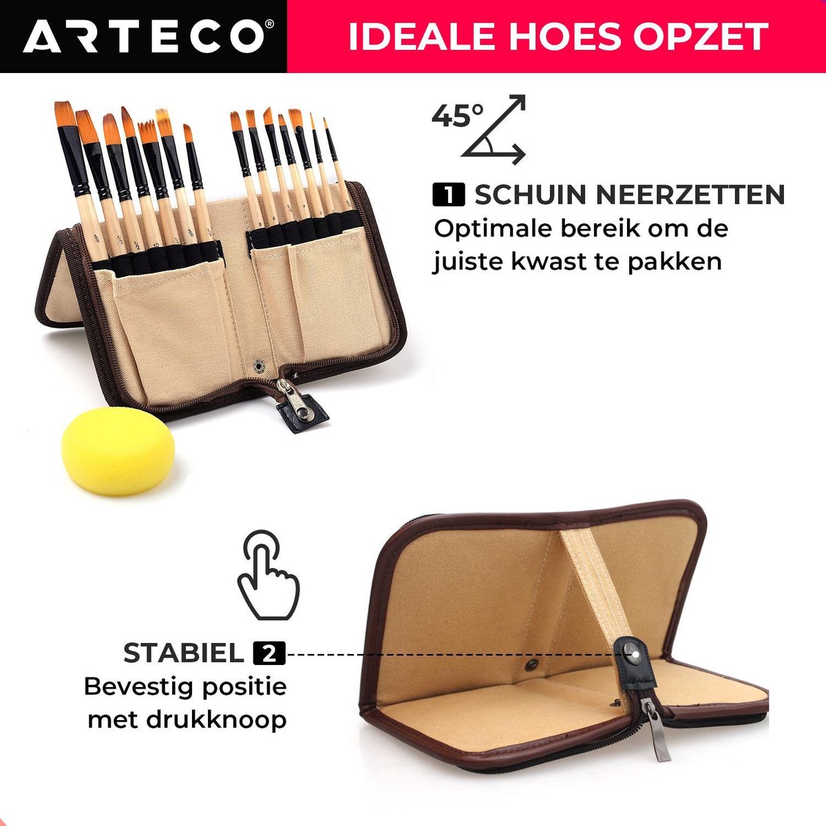 ARTECO® 16-delige Penselenset Inclusief Spons en Paletmes - Penselenset - Penselen - Acrylverf - Aquarelverf - Olieverf - Waterverf – Kwasten — afbeelding 5