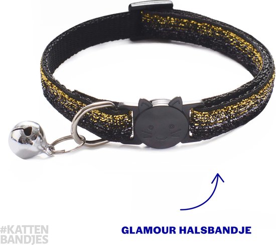 Kattenhalsband | Halsband Kat | Kitten | Kattenbandje Glitter Zwart-Goud | Kattenhalsbandje Met Veiligheidssluiting En Belletje
