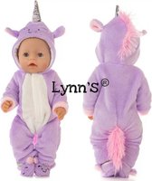 Poppenkleertjes - Geschikt voor Baby Born - Eenhoorn onesie - Paars - Met capuchon - Pyjama