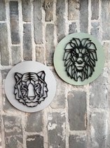Muurcirkel / 3D / combi van 2 cirkels / tijger en leeuw / van hout / muurdecoratie