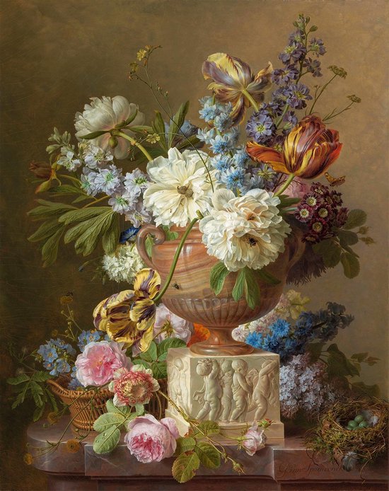 Peinture sur toile Nature morte aux fleurs avec vase en albâtre - Gerard van Spaendonck - 60 x 90 cm