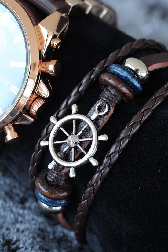 4 in 1 Set: 3 Armbanden & 1 Horloge- Klassiek Heren Horloge – Leren band -  Polshorloge... | bol