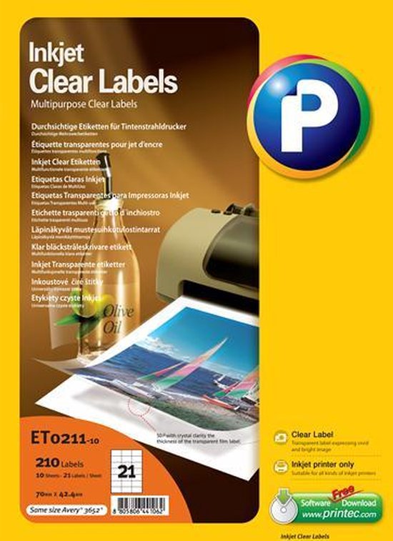 Printec transparante etiketten - Inktjet printer - 10 vel - 70x42.4mm - 21 labels per A4 - 210 doorzichtige stickers