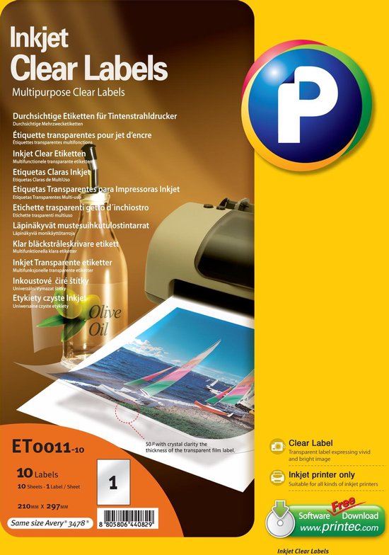Printec doorzichtige etiketten - Inktjet printer - 210x297mm - 1 label per  A4 - 10... | bol.com