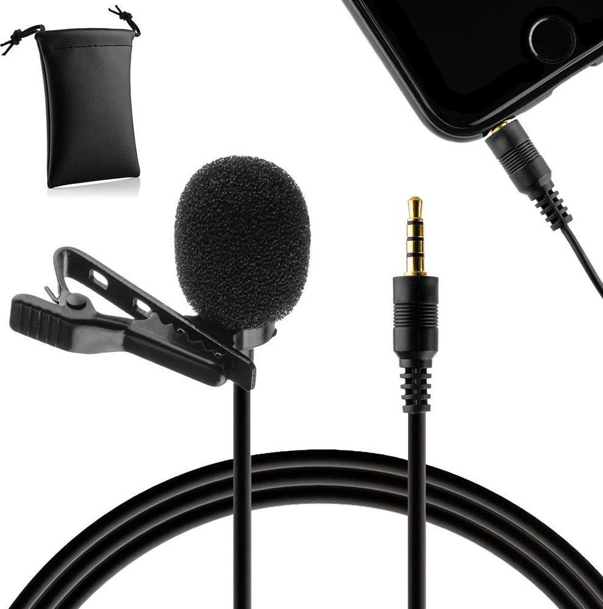 MOJOGEAR Speldmicrofoon voor Smartphones/Tablets/Telefoons - 1,5 meter kabel - 3.5 mm koptelefoon-aansluiting - Zwart - MOJOGEAR