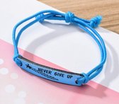 Wish Armband - tekst: Never give up - BFF - vriendschaparmband - blauw