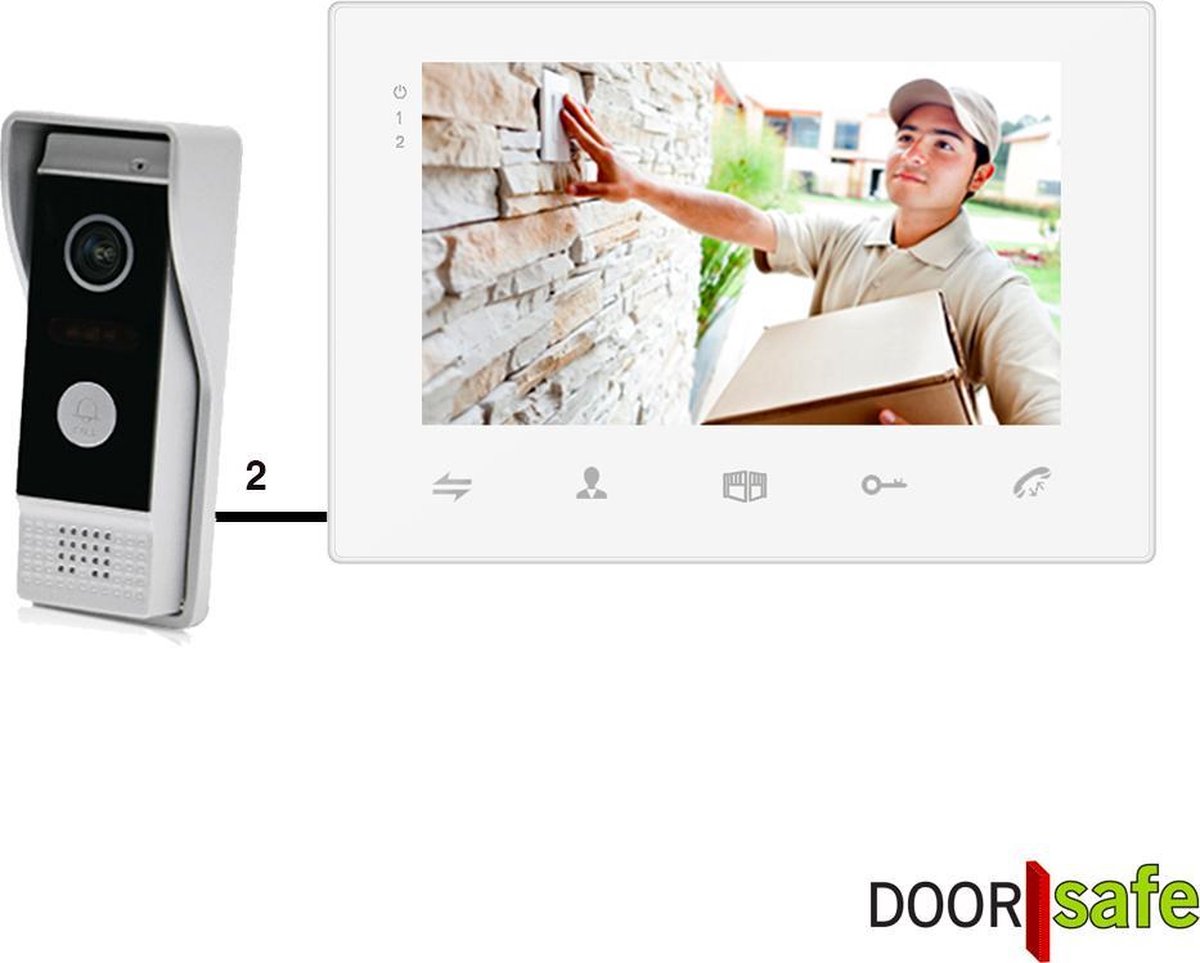Bedrade deurbel met camera, wit, 2 draads, gratis opslag beelden op SD-kaart, 7 inch scherm - Doorsafe 7210