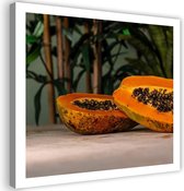 Schilderij Twee halve papaja's, 80x80cm, oranje/bruin