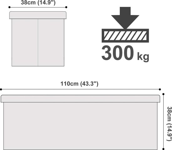 SONGMICS Kruk met opbergruimte, inklapbare zitbank, 38 x 76 x 38 cm, voetenbank, opbergdoos, tot 300 kg belastbaar, voor woonkamer, slaapkamer, hal, asgrijs LSF47G