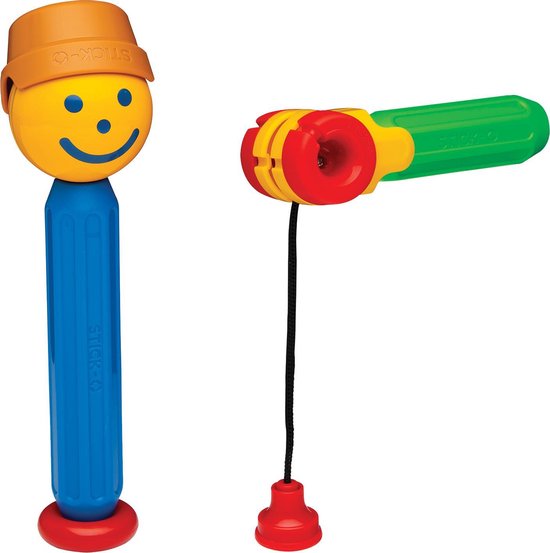 Een blauw magnetisch stokje met een gele ronde kop, oranje hoedje en een rode zuignaphengel.
