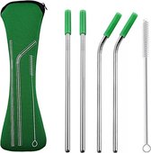 Metalen rietjes - 4 stuks - Groen - incl. mondstukken en bijpassend etui