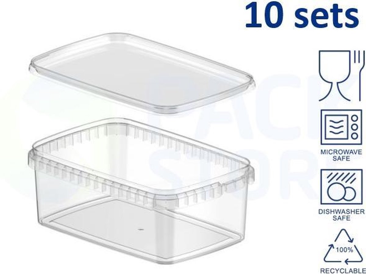 10 x plastic bakjes met deksel - 1200 ml - vershoudbakjes - meal prep bakjes - rechthoekig - transparant - geschikt voor diepvries, magnetron en vaatwasser - Nederlandse producent