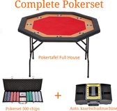 Complete Poker set - Pokertafel - The Full House Professionele Poker Tafel - 8 spelers - Rood - Beuken - Achthoekig - Gewatteerd speelveld - Prof - Geïntegreerde Bekerhouders - Kunstlederen r