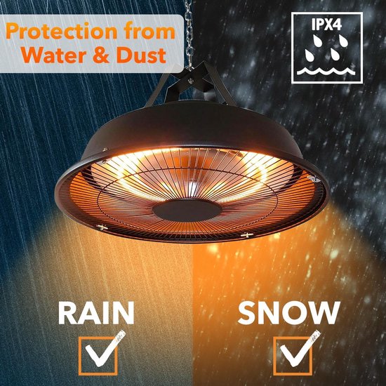 Zwarte hangende terrasverwarmer met tekst 'Protection from Water & Dust' en IPX4.