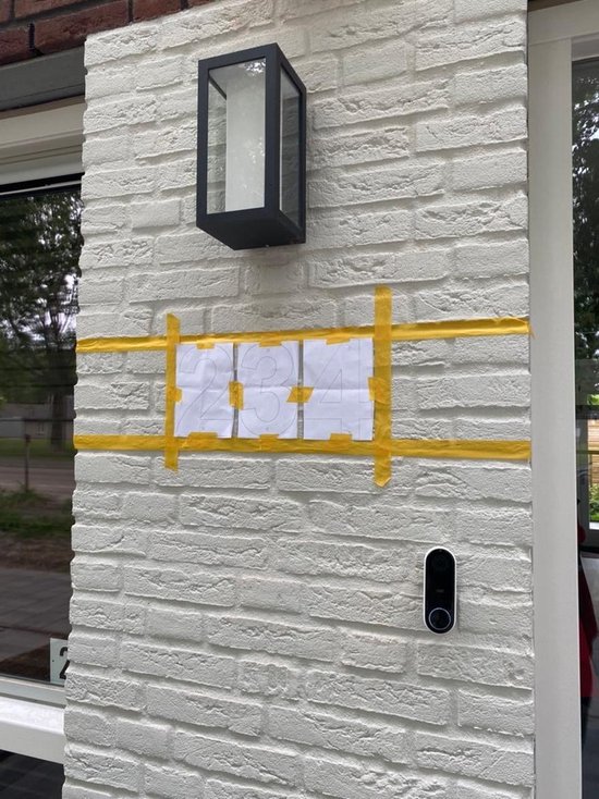 Drie papieren sjablonen met de nummers 1, 2 en 3, afgeplakt op een witte muur.