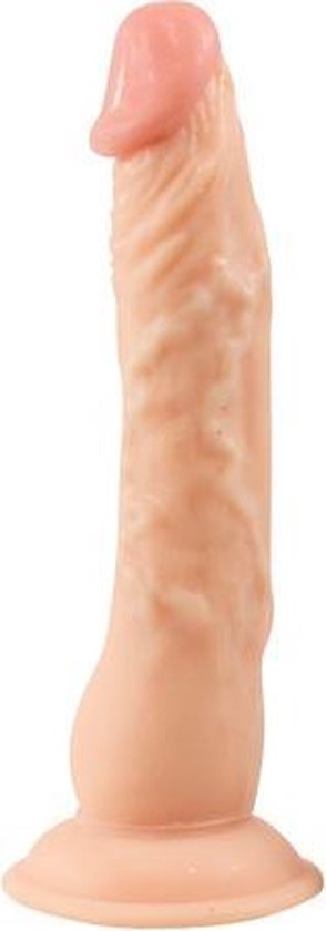 Beige dildo met een gedetailleerd geribd lichaam, een roze punt en een brede basis.