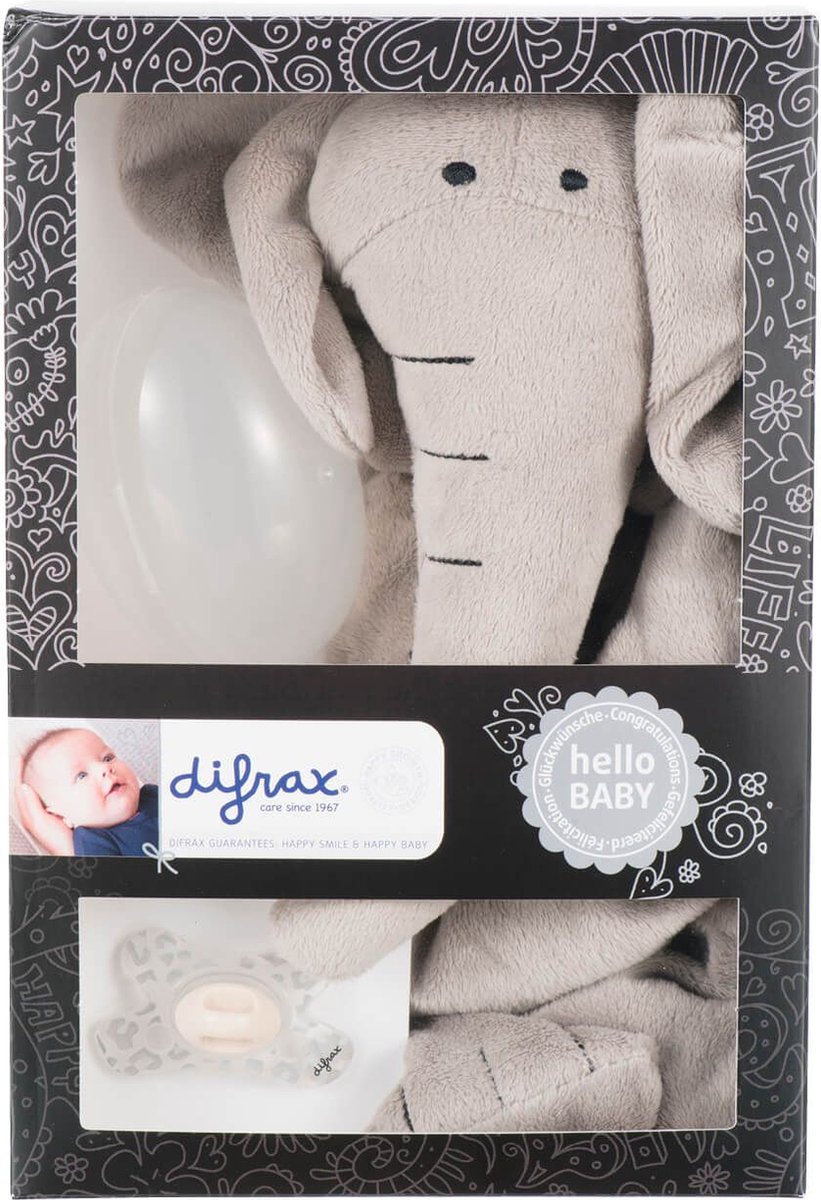 Goedkoopste Difrax Baby Cadeauset, 1x Knuffelolifant Elliot, 1x Fopspeen 0-6 Maanden en 1x Steriliseerei