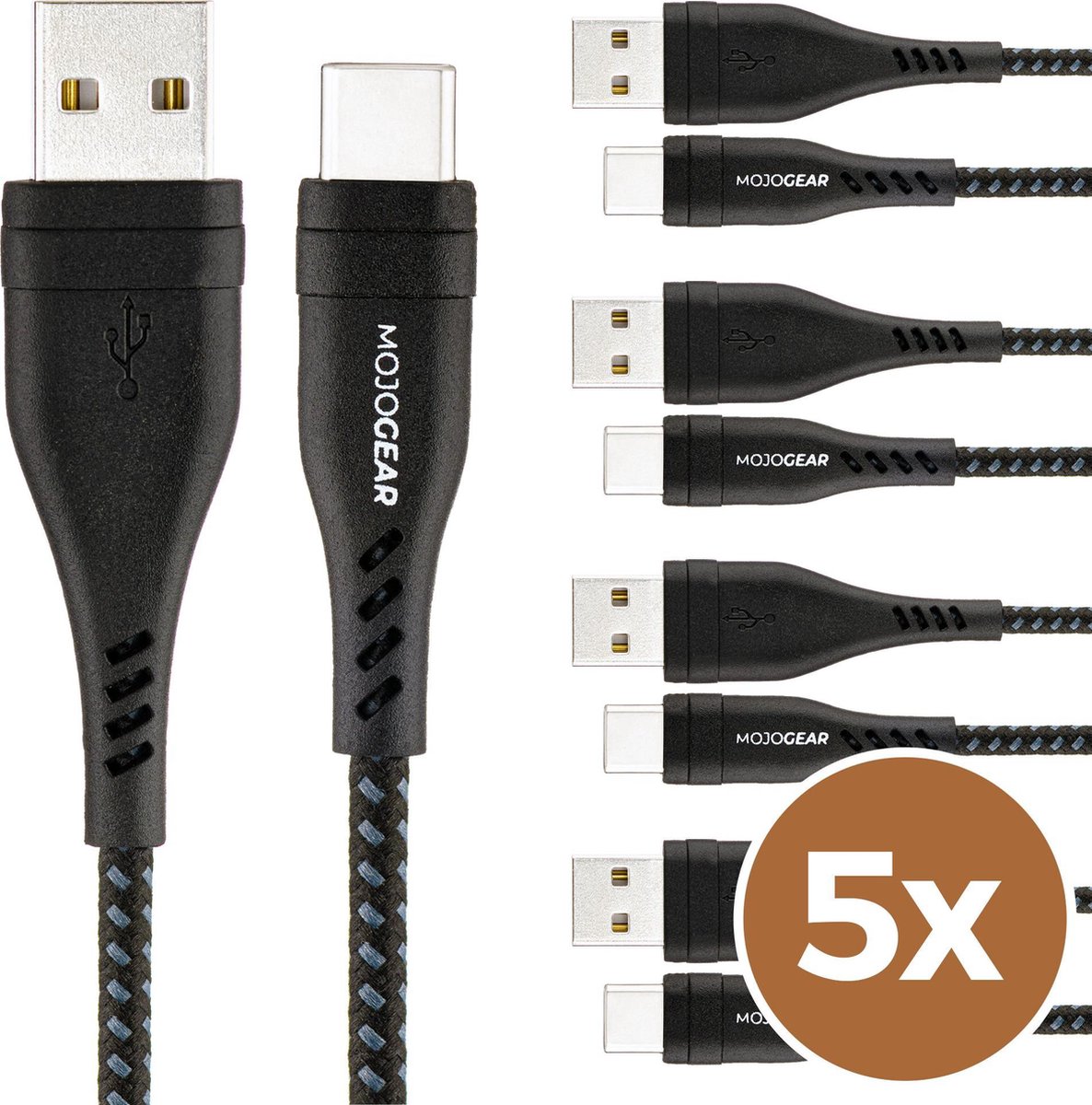 MOJOGEAR 5x USB-C naar USB kabel Extra Sterk [VOORDEELVERPAKKING] USB-kabel 1500 mm Zwart