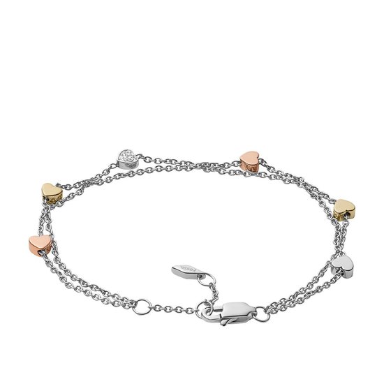 Dubbele zilverkleurige schakelarmband met hartjes in zilver, roségoud en geelgoud. Eén hartje bezet met steentjes.
