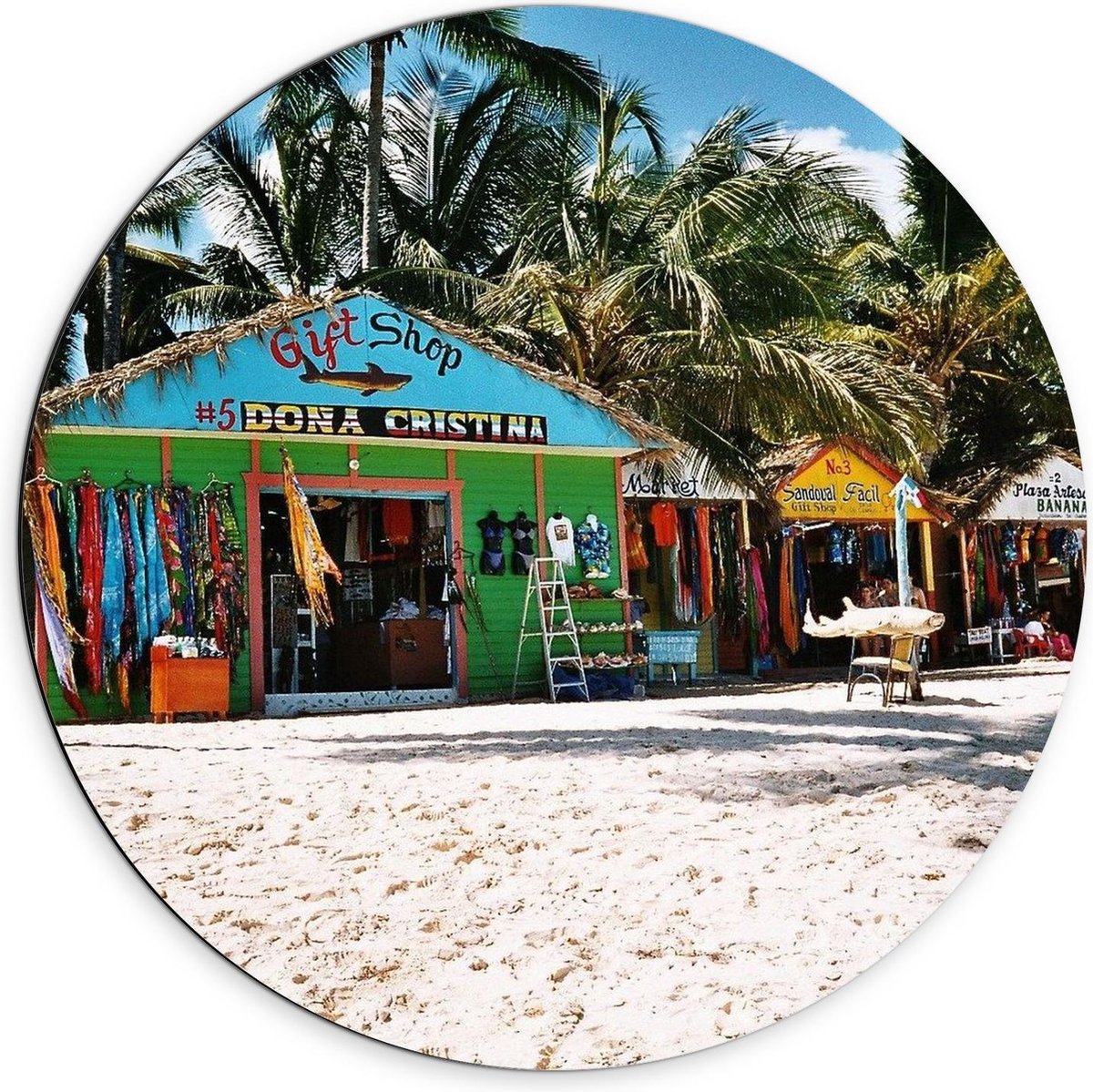 KuijsFotoprint Dibond Wandcirkel - Winkeltjes op het Strand - 70x70cm Foto op Aluminium Wandcirkel (met ophangsysteem) Blauw