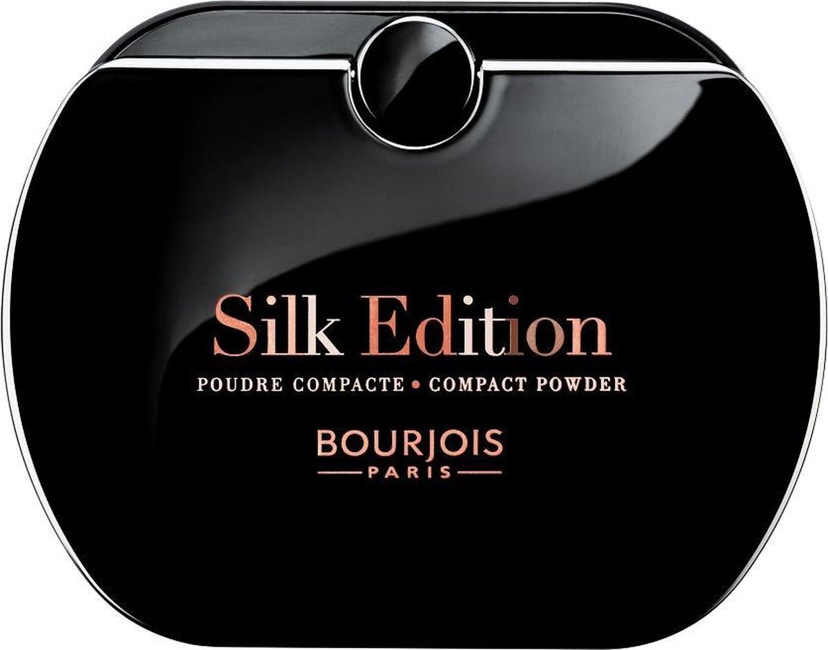 Zwarte compacte poederdoos, open met spiegel en beige poeder met BOURJOIS PARIS opdruk.