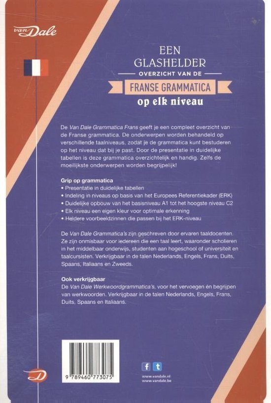 Achterkant van het boek 'Grammatica Frans' van Van Dale. Blauw met witte tekst en een streepjescode.