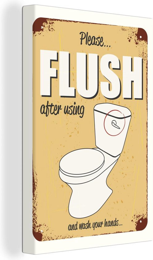 Canvas Schilderij Een poster met een wc en de tekst Flush - 20x30 cm -  Wanddecoratie | bol.com