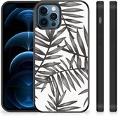 Smartphone Hoesje iPhone 12 Pro | 12 (6.1") Back Case TPU Siliconen Hoesje met Zwarte rand Leaves Grey