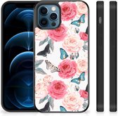Telefoontas iPhone 12 Pro | 12 (6.1") Smartphone Hoesje met Zwarte rand Butterfly Roses