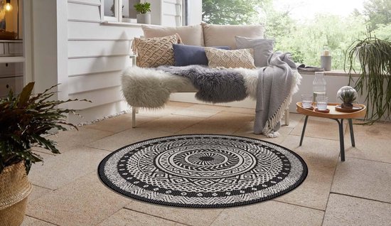 groentje Gelijkenis Kast Binnen & buiten vloerkleed rond Mandala - zwart/crème 120 cm rond | bol.com