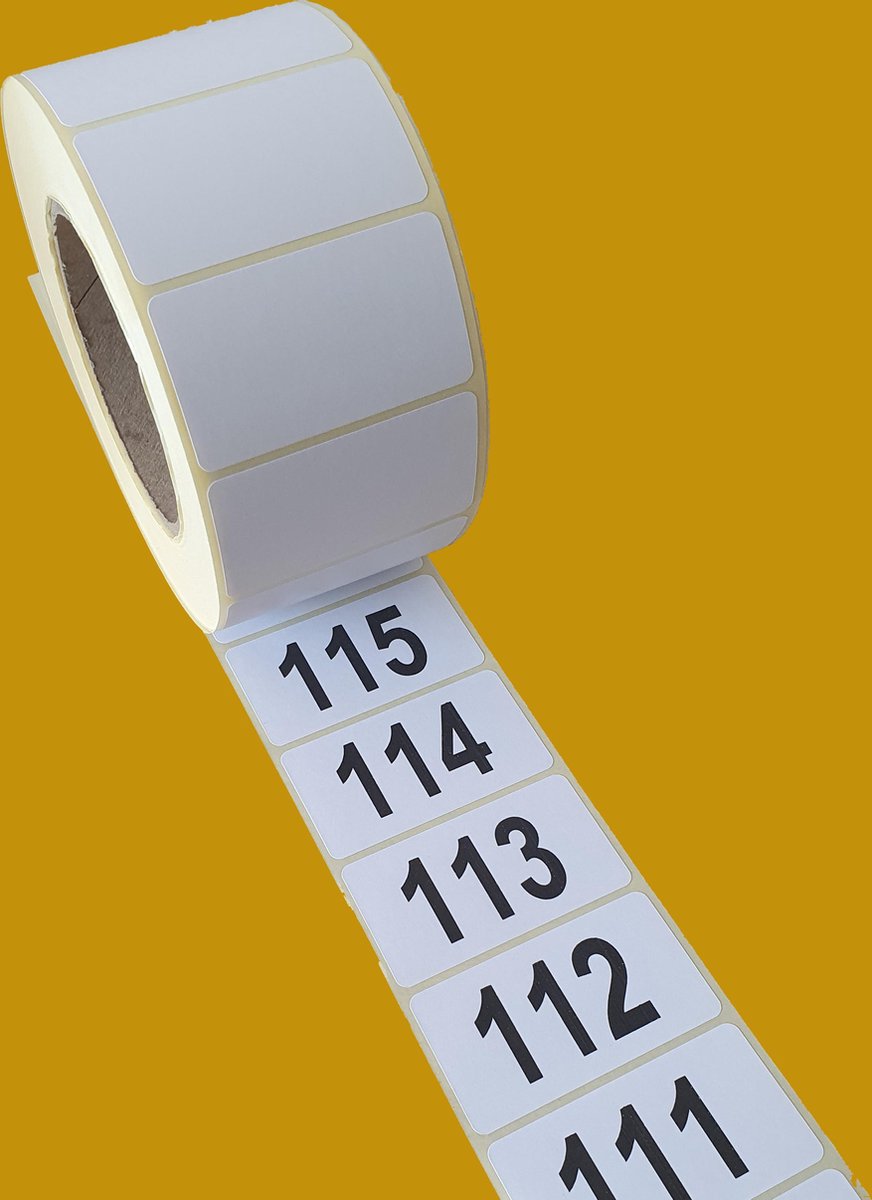 Genummerde etiketten op rol, 65 x 36 mm, mat wit papier / 0001 t/m 1000
