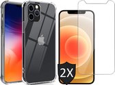 Hoesje geschikt voor iPhone 12 Pro en Screenprotector - Transparant Siliconen Shockproof Case + 2x Screen Protector Glas