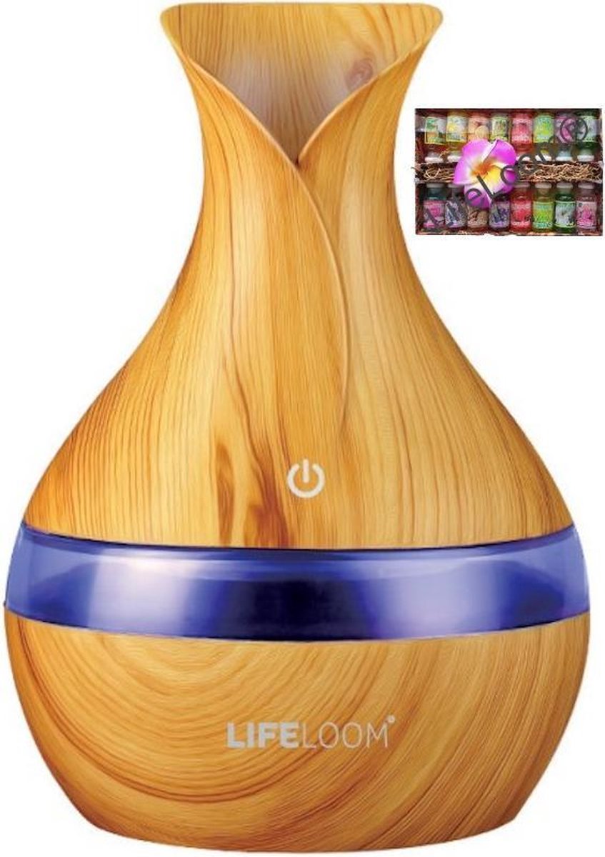 LifeLoom® Aroma Diffuser Met Aromatherapie 300ml - Met 16 Flesjes Essentials Oils - 7 Kleuren Ledverlichting — Luchtbevochtiger – Verdamper – Aromatherapie - Geurverspreider - Humidifier -Mooi Licht Houtnerf Decor