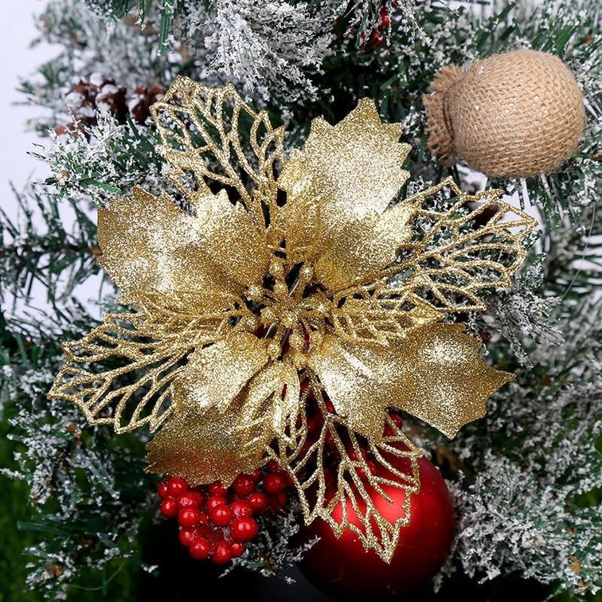 Kerst | Kerstboom decoratie | Ornament | Glitter | Bloem | 5 stuks | Goud - Able & Borret