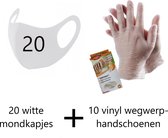 20 Witte Herbuikbare Mondkapjes en 10 Vinyl Wegwerp Handschoenen | Ice Silk | Veilig | Hygiensisch | Modieus | Soepel Mondmasker | Volwassenen