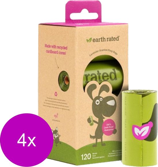 Earth Rated Poepzakjes Navulling Box Lavendel - Hondenpoepzakjes - 4 verpakkingen x 8 rollen à 15 zakjes