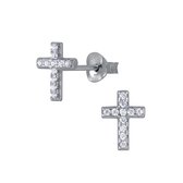 Joy|S - Zilveren kruis oorbellen 6 x 9 mm zirkonia gehodineerd