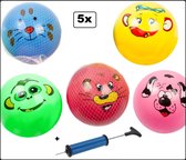 5x Speelbal dierengezicht 23 cm in verschillende kleuren met ballenpomp - voetbal speelbal strand straat bal schoencadeautjes sinterklaas