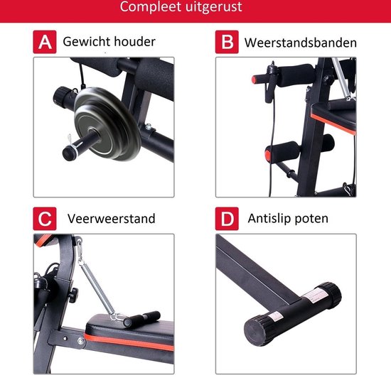 HOMCOM sit-upbank buiktrainer trainingsbank fitnessbank verstelbaar gepolsterd incl. weerstandsbanden staal PVC zwart rood 56,5 x 135 x (50-68) cm 120 kg draagvermogen