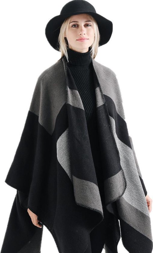 Winter vest grijs zwart wit - breed gestreept | Sjaal | Stola | Deken | Omslagdoek | Dames mode accessoires