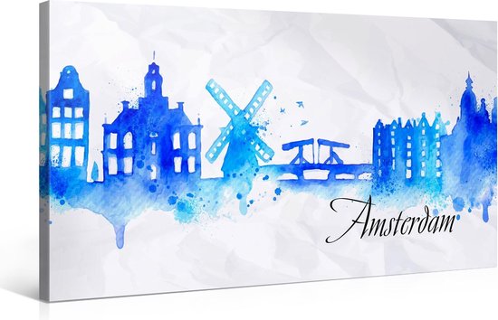 Schilderij - Amsterdam, Silhouet aquarel effect, premium print 100x50cm