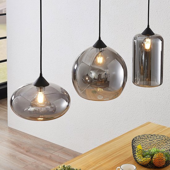Lindby - hanglamp - 3 lichts - Metaal, glas - E27 - rokerig grijs
